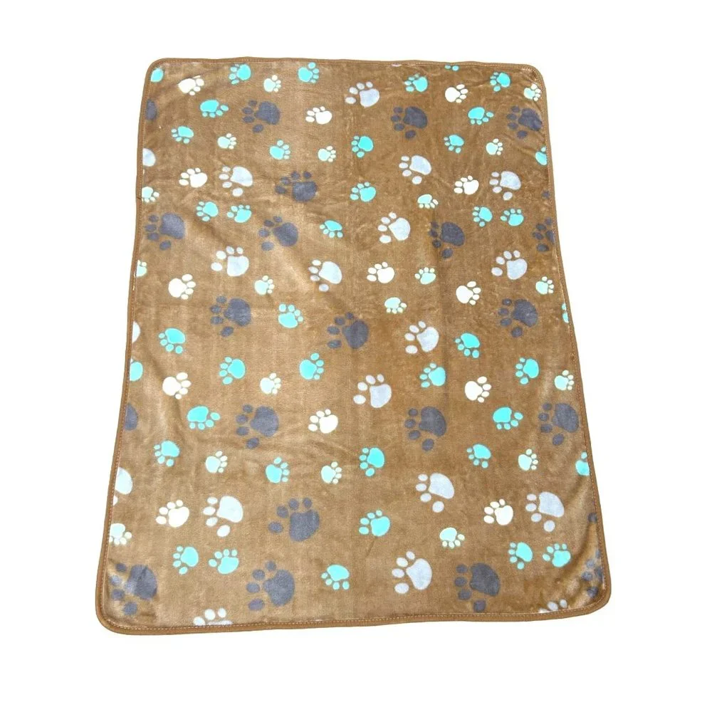 Dog Blanket Brown Tan Paw Print Soft Piping Edge 31”x 41” Blue Turquoise Grey